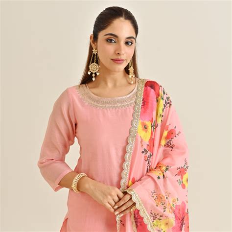 Buy Pink Festive Embroidered Kurta Set with Printed Dupatta & Round ...