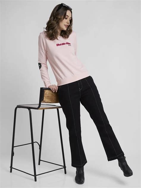 Spykar Women Baby Pink Blended Regular FIt Round Neck Printed Sweatshirt