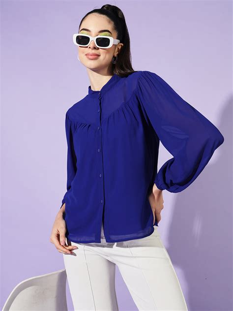 Women Blue Solid Mandarin Collar Shirt Style Top – Slenor