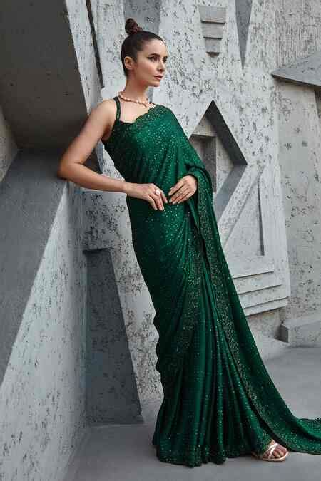 Buy Green Butterfly Net, Satin Georgette Sequin Embroidered Saree With ...