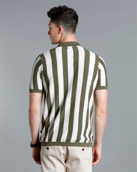 Identiti Green Half Sleeve Striped Slim Fit Cotton Casual Polo T-Shirt