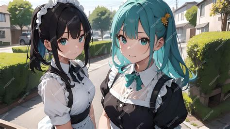 Premium AI Image | Two elegant maids anime art for wallpaper