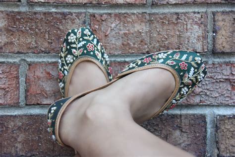 JUNIPER: Handcrafted Dark Green Jutti with multi colour flowers ...