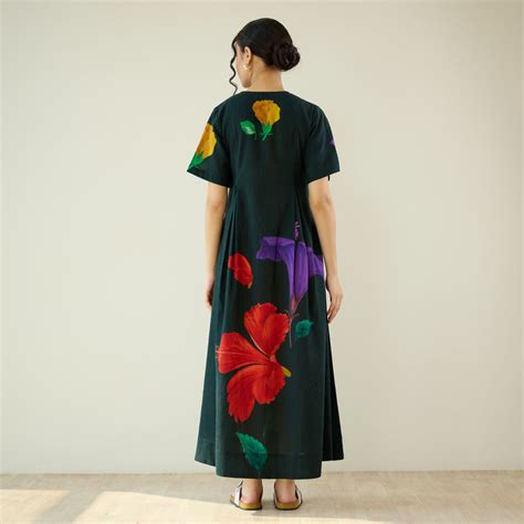 Buy Hibiscus Bloom Cotton Maxi Dress - Emerald Green | Rustorange