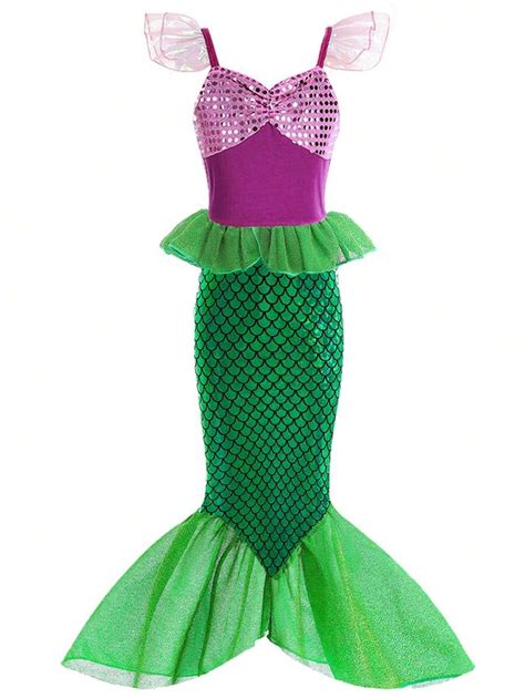 若い女の子用クラシックマーメイドプリンセスキャップスリーブパーティーパフォーマンスドレス、 sequinのフィッシュテール、パーティー ...