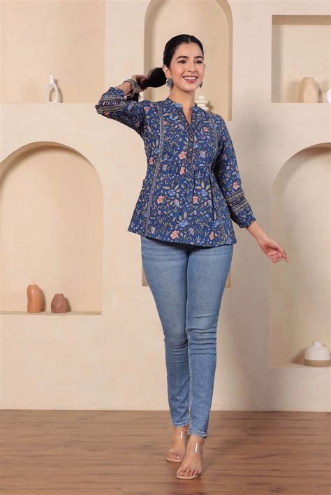 Navy Print Mandarin Collar Empire Pure Cotton Longline Top – Gulab ...