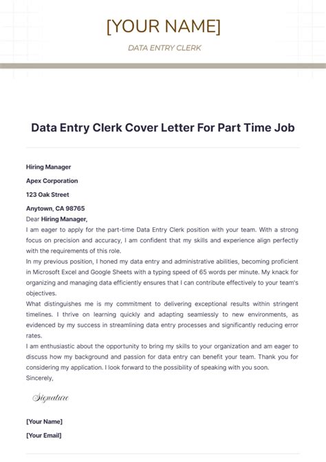 Free Data Entry Clerk Cover Letter For Part Time Job Template to Edit Online