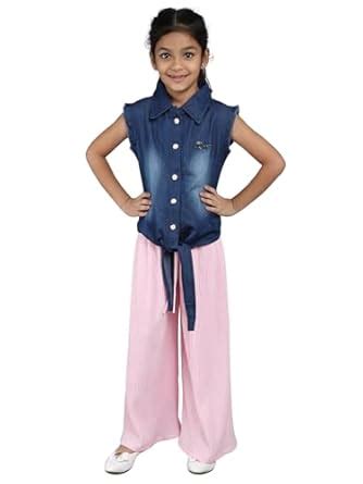 Buy Little Angels Girls 2 Piece Set - Collared Neck Ice-Wash Denim ...