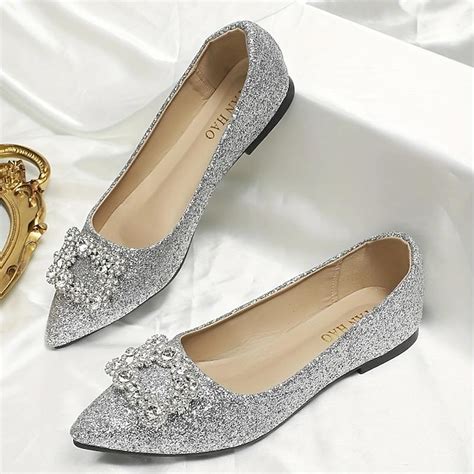 Women's Silver Glitter Flats with Rhinestone Embellished Buckle ...