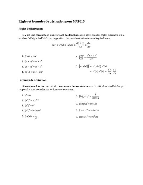 Table Derivees MAT 015 - MAT144 - ÉTS - Studocu