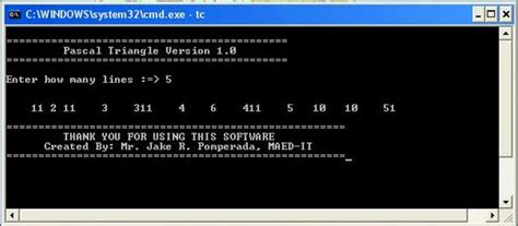 Image result for Pascal's Triangle Version 2 Programming C