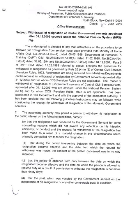 Withdrawal of Resignation of Central servants appointed after 31.12.2003