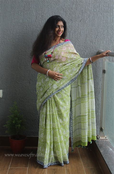 Bagru Hand Block Printed Cotton Saree with Woven Border – Weaves of ...