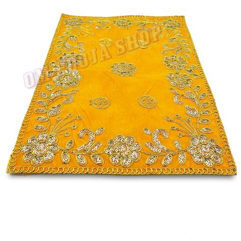 Yellow Colour Velvet Puja Aasan With Golden Embroidered
