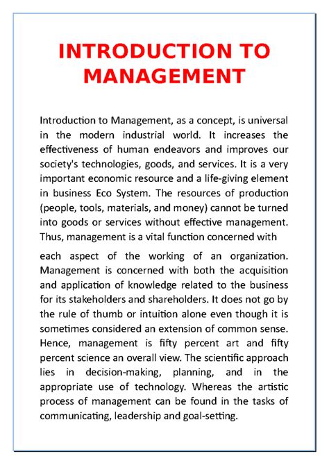 Introduction to Managemen 1 - INTRODUCTION TO MANAGEMENT Introduction to Management, as a ...