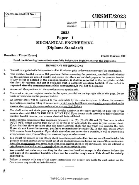 Mechanical Engineering Question Paper 2023 Diploma Standard - Fluid ...