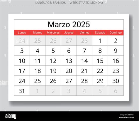 2025 Spanish march monthly calendar - marzo. Vector page illustrations ...