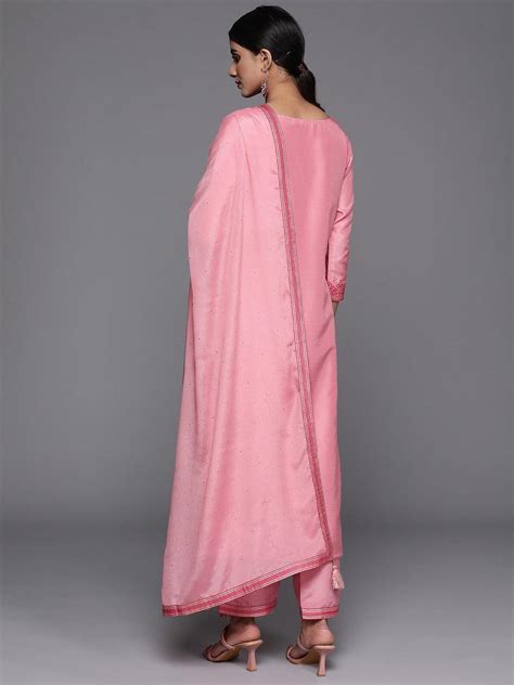 Buy Pink Woven Design Silk Blend Straight Kurta With Trousers & Dupatta ...