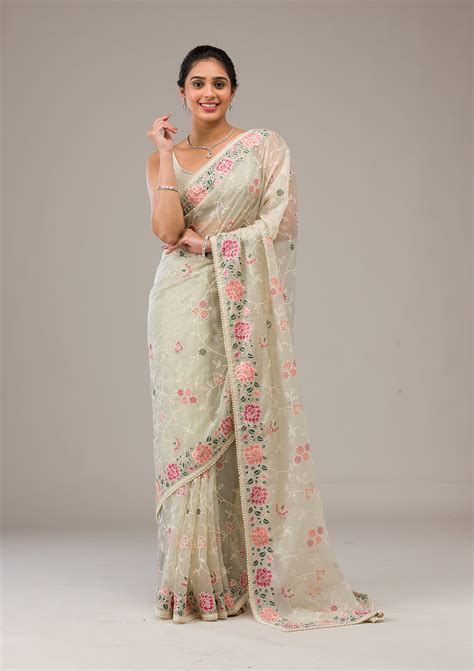 Buy Pista Green Threadwork Organza Saree - Koskii