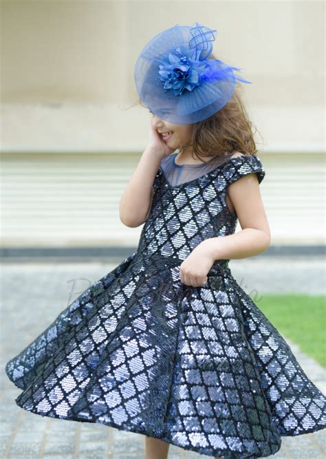Blue Sequins Panel Party Wear Dress for Girls