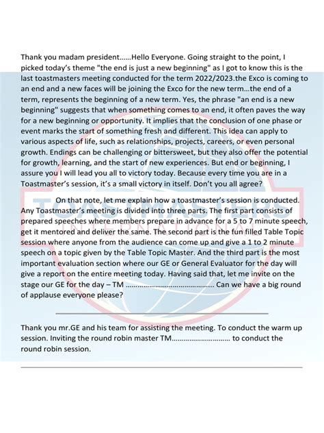 Image result for Toastmaster Role Script