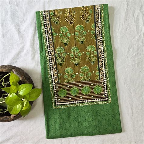 KIARA -Pure Cotton Handloom Green And Sandy Brown Ajrak With Embroider ...