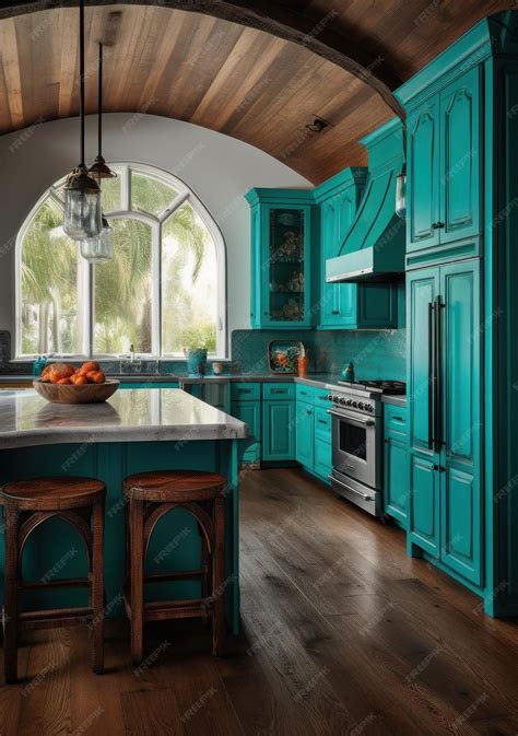 Premium AI Image | Turquoise kitchen cabinets with a wooden countertop ...