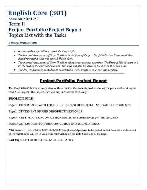 English Core (301) - Project Portfolio/Report Guide for 2021-22 - Studocu