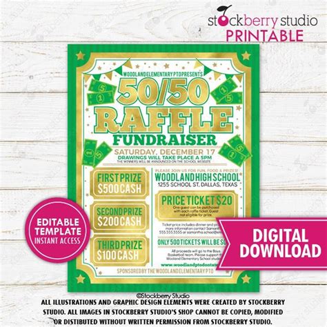 50/50 Raffle Ticket Fundraiser Flyer Printable Cash Split the Pot PTO ...