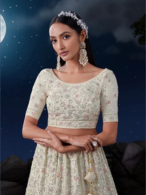 White Sequenced Georgette Lehenga Set with Dupatta