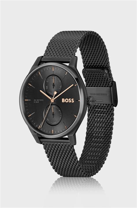 BOSS - Mesh-bracelet watch with black dial - Black