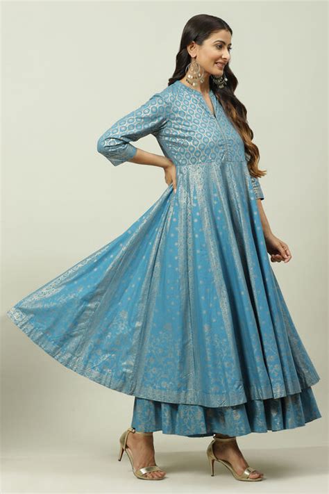 Blue Cotton Flared Fusion Printed Kurta Dress at Biba India
