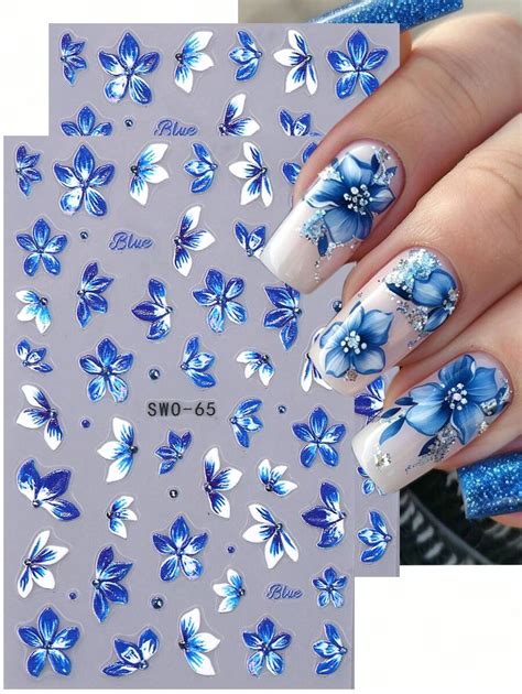 Blue Gradient Flower Embossed Nail Stickers 2pcs Blue White Hibiscus ...