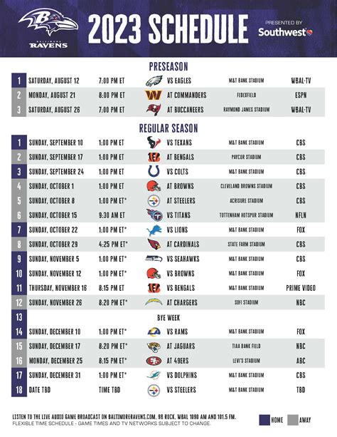 Baltimore Ravens 2023 Season - Printable Schedule | Maryland Stadium ...