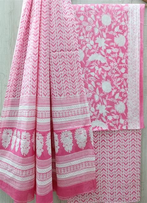 Pink Floral Unstiched Sanganeri Print Cotton Suit – Sethani Craft