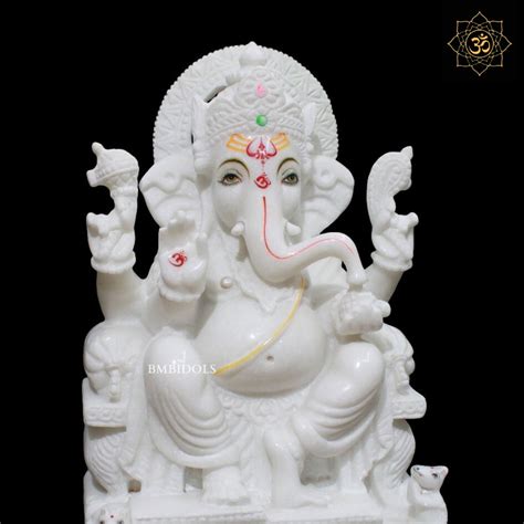 White Marble Ganesh Murti sitting on the Chowki in 15inch – BMBIDOLS