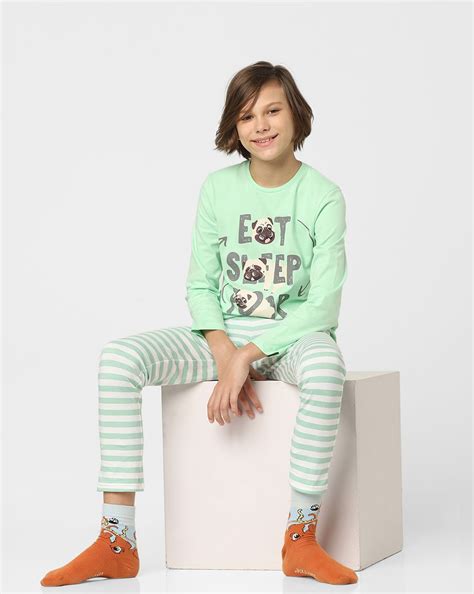 Buy Green Printed T-shirts & Pyjama Night Suit Set for Boys Online at ...