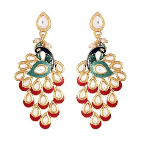 Etnico Gold Plated Meenakari Kundan Studded Peacock Design Dangle Earr ...