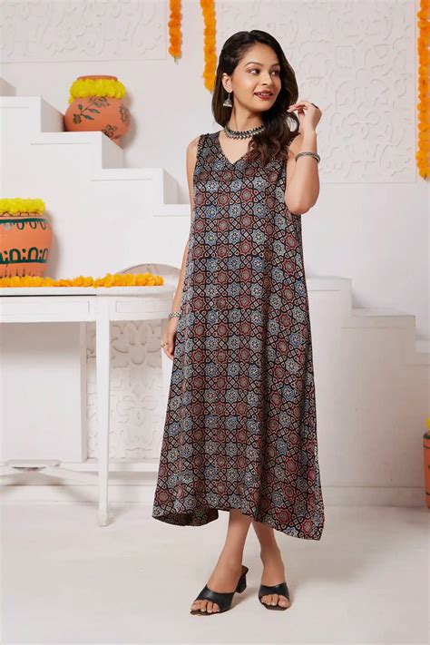 Aabha Handcrafted Ajrakh Modal Silk Dress – Nilam India