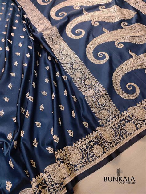 Shop Blackish Blue Buti Weave Banarasi Mashru Silk Floral Border Saree ...
