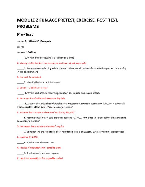.M. Odule 2 FUN.ACC Pretest, Exercises, Problems,POST TEST - MODULE 2 ...
