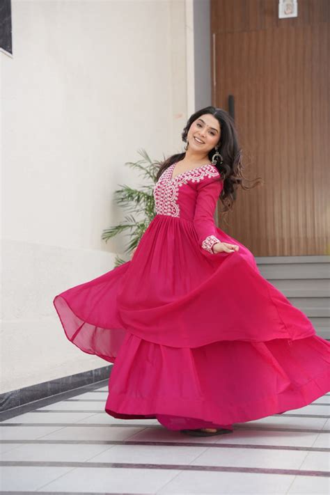 Pink Elegant Embroidered Star Georgette Gown – Double Flair