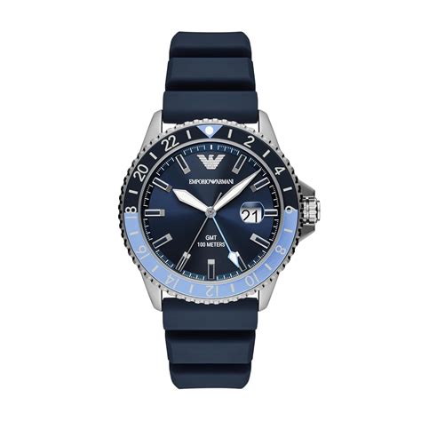 Buy Emporio Armani Men's GMT Dual Time Silver and Blue Silicone Band ...