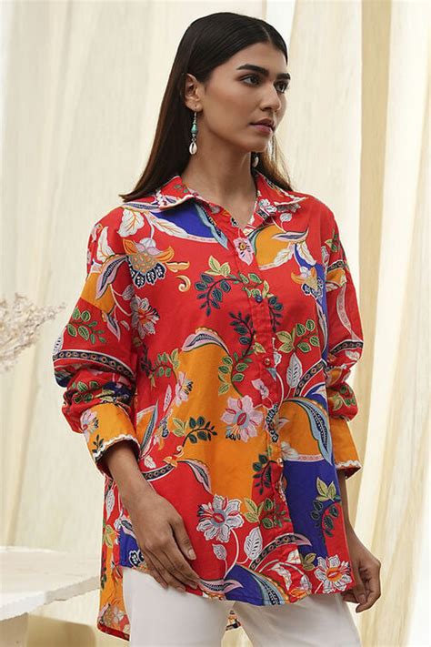 Orange Cotton Floral High-Low Shirt Shirt at Biba Global