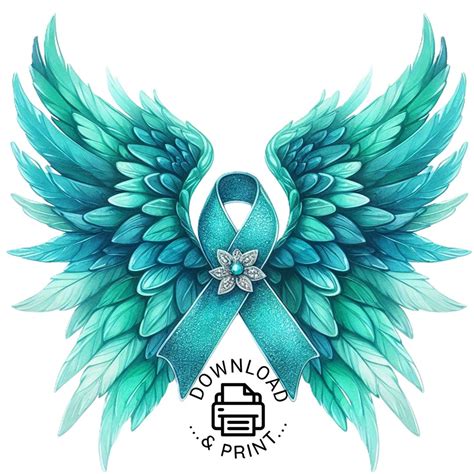 Angel Wings Teal Ribbon Png Clipart, Watercolor Teal Cancer Awareness ...