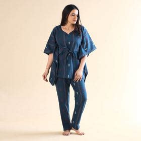 Blue Jacquard Cotton Kaftan & Pyjama Night Suit Set