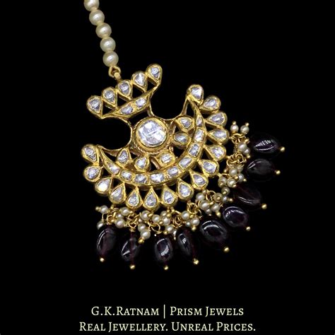 18k Gold and Diamond Polki pankhi (fan) Maang Tika with Natural Mozamb ...
