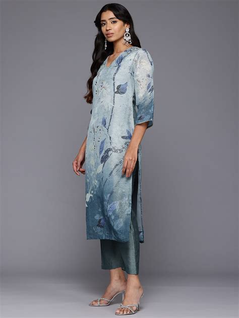 Varanga Women Grey Blue Floral Printed Straight Kurta with Trousers and ...