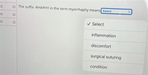 Solved: The suffix -RHAPHY in the term myorrhaphy means select 24. 25 ...