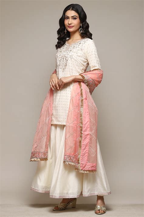 Off White & Blush Pink Cotton Blend Straight Kurta Garara Suit Set